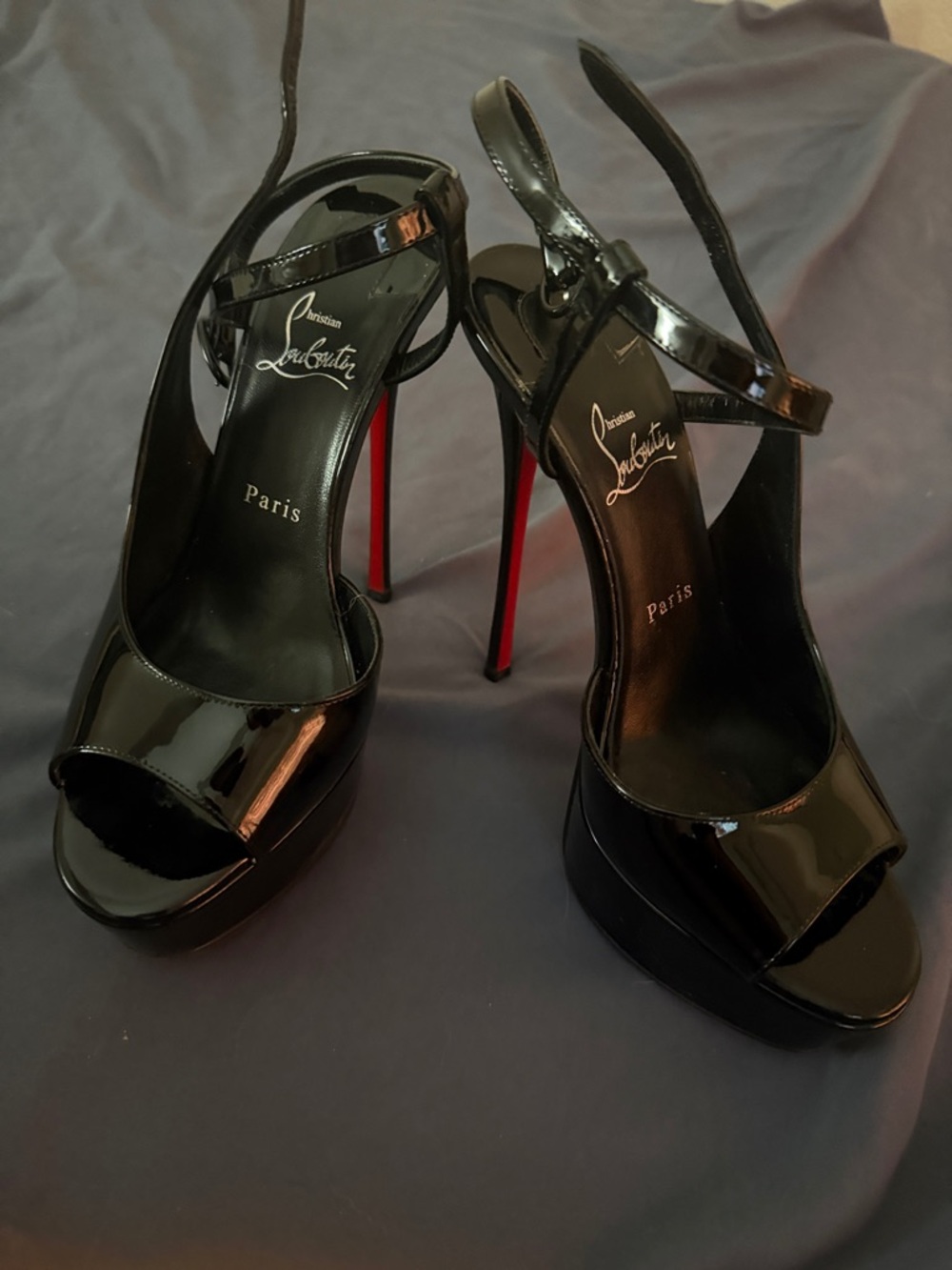 Christian Louboutin Black Patent Platform Sandals with Red Heels